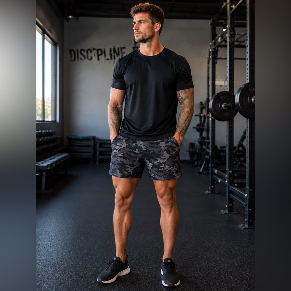 Grunt Style Men’s Medium Black Gray Camo Athletic Shorts Performance Pockets